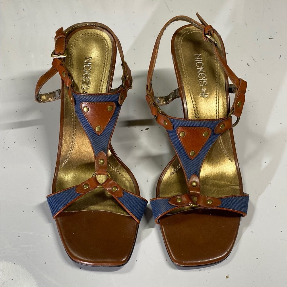 Nickels Brown and Blue wedge Sandals with Ankle Straps
